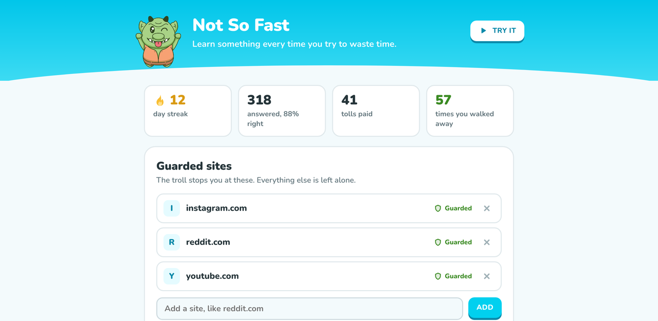 Not So Fast settings: guarded sites, question packs, and the toll